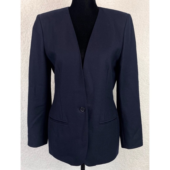 (VTG) JASON PRESCOTT • Petites Navy Blue Structured Pure Wool Blazer Jacket - Picture 9 of 13